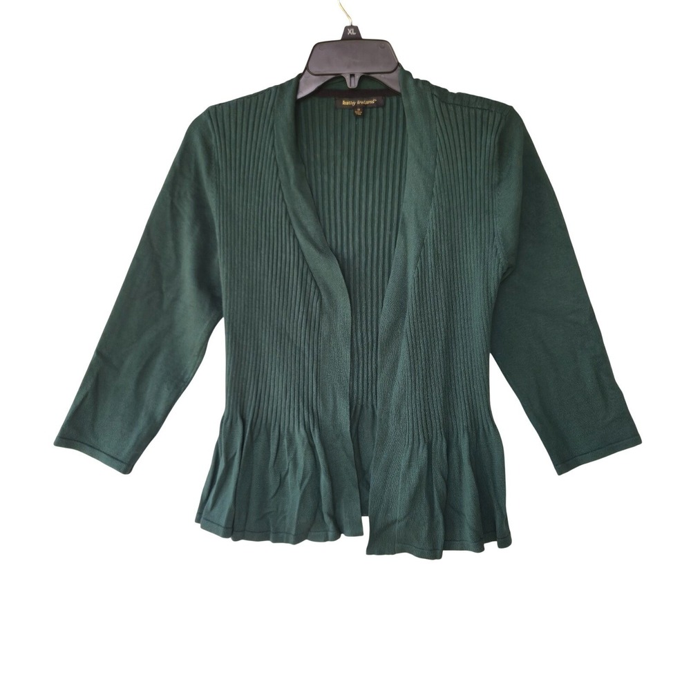 Kathy Ireland Green Ribbed Peplum Cardigan Sweater Open Front 3/4 Sleeve Size M